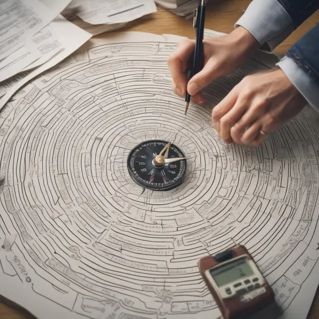 A self-employed individual with a calculator and compass navigates a maze of tax forms to accurately estimate payments and minimize unwanted refunds.