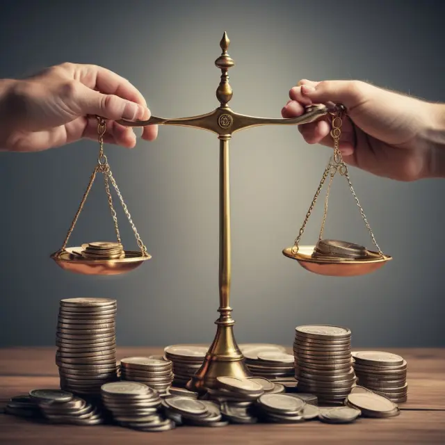 Person meticulously balancing taxes owed and refunded coins, emphasizing effective tax planning