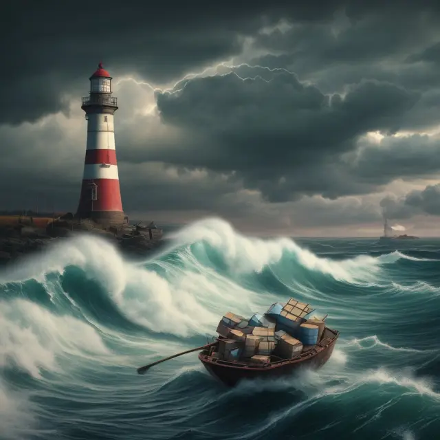 Image of a stormy sea with a lighthouse offering relief packages in a rowboat, representing IRS tax assistance during natural disasters