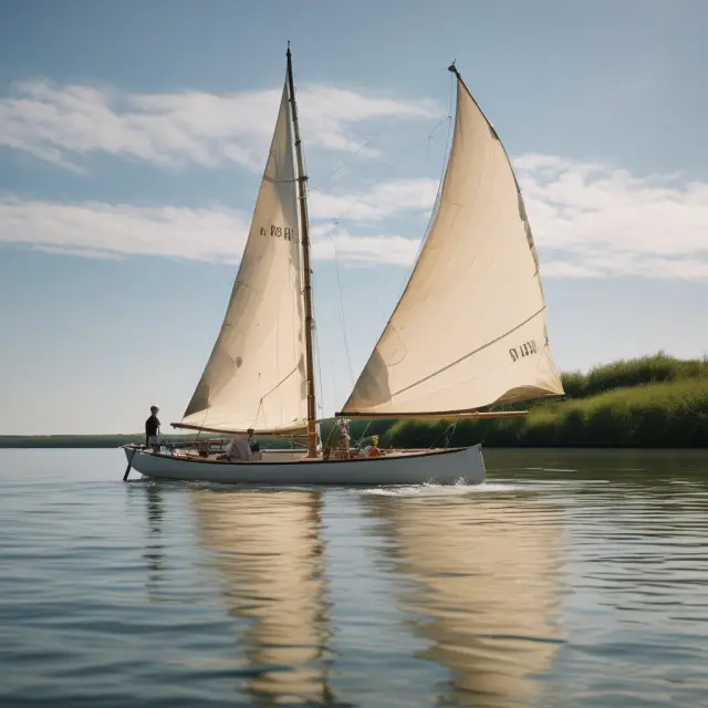 Boat symbolizing retirement savings journey with sails of Traditional IRA and Roth IRA, guided by 401(k) oars, approaching calm tax waters