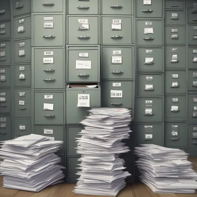 An overflowing filing cabinet filled with income documents, tax forms, and deadline notices, emphasizing the importance of managing federal tax requirements and benefits
