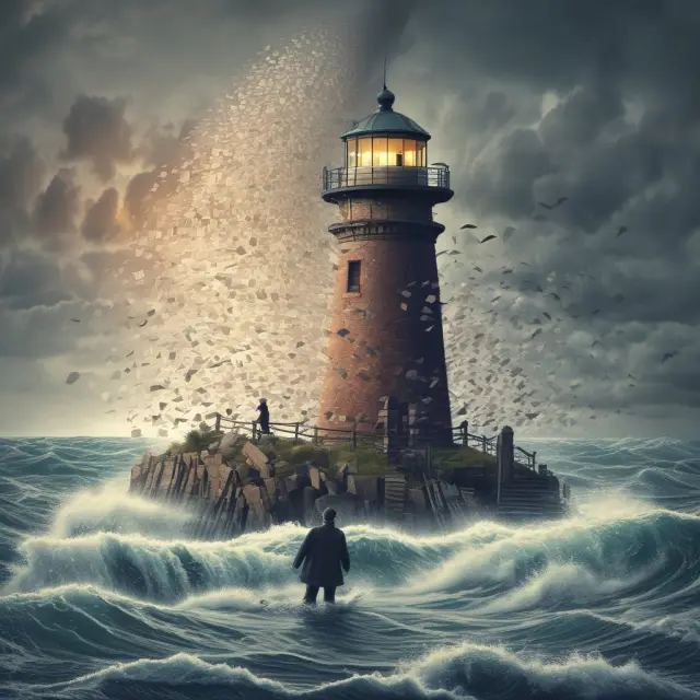 A person navigates through a chaotic sea of financial documents during tax season, with the IRS beacon guiding them to safety