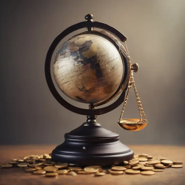An intricate scale balances a golden globe with a mountain of coins, symbolizing the tax-to-GDP ratio.