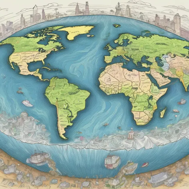 A globe where continents represent countries, and the amount of water (tax revenue) flowing from each continent differs, symbolizing varying tax-to-GDP ratios globally