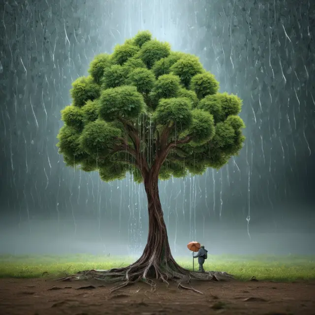 Raindrops symbolizing taxes nourishing a growing GDP tree, representing the relationship between tax revenues and economic growth
