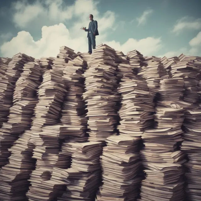 An individual scrutinizing documents on a mountain of records, symbolizing the importance of meticulous record keeping for tax savings