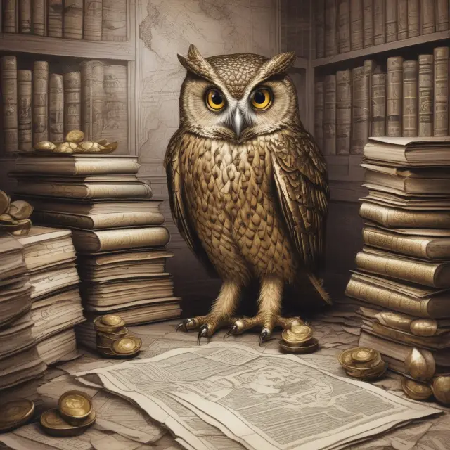 A wise owl ponders over financial maps and gold coins, symbolizing informed tax planning for wealth growth.