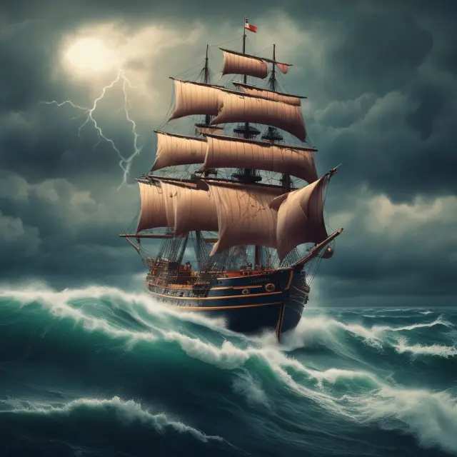 Ship braving stormy waters, surrounded by competitive nonprofits and regulatory changes, symbolizing the challenges faced by tax-exempt organizations.