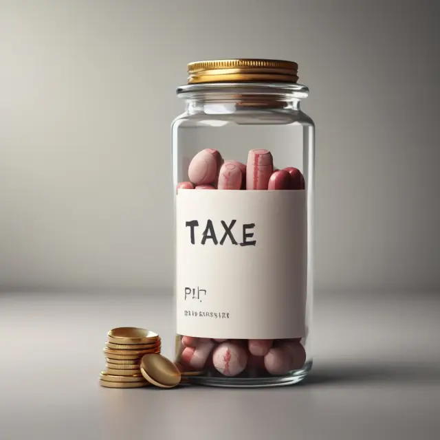 Image of a prescription pill bottle with a tax coin balancing precariously, representing the financial burden of taxes on inelastic goods like prescription drugs