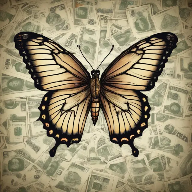 A taxation butterfly metamorphosing into four interconnected economic indicators - GDP, inflation rate, interest rates, and employment