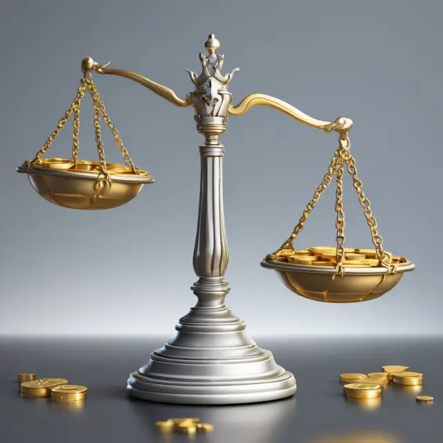 Golden scale tips towards silver coins, illustrating the difference between before-tax and after-tax wages (Tax Wedge)