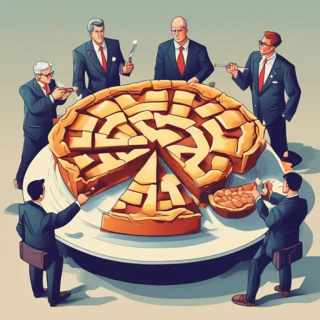 An image depicting a man representing sales taxes slicing a pie between buyers and sellers, indicating market distortion due to tax wedges