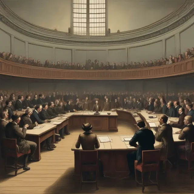 Empty parliament seats surround colonists discussing their disenfranchisement during the era of taxation without representation.