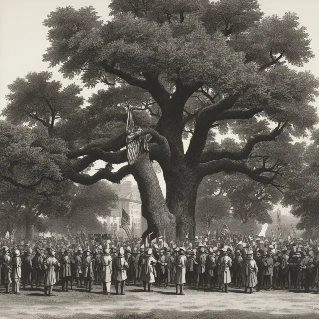 Colonial Americans gathered around a liberty tree, protesting taxation without representation in the late 1700s