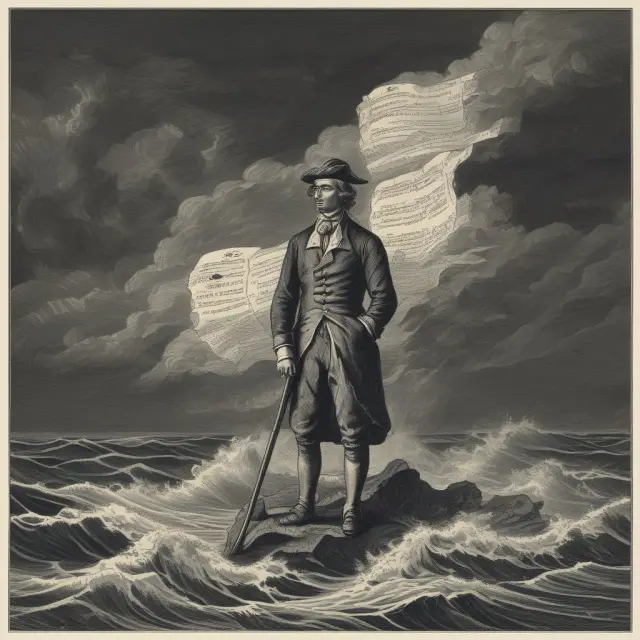 Colonial figure resisting taxation without representation on a stormy sea of bills