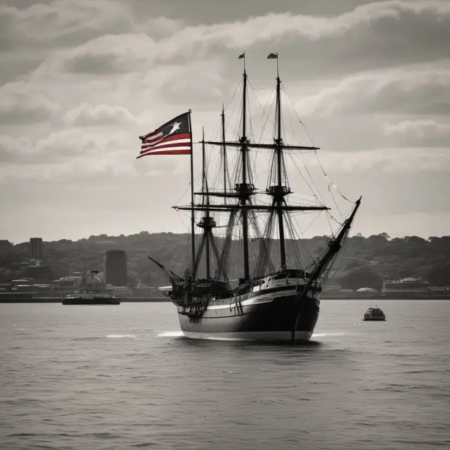 Ship carrying tax crates approaches Puerto Rican and DC flags; symbolizing historical and modern taxation without representation