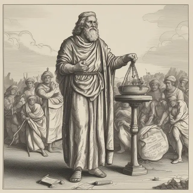 A colonial-era figure considers the balance of taxation and representation, while institutional investors observe