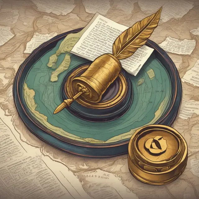 A golden quill dips into an inkwell, symbolizing taxes, and creates ripples affecting territories on a map, highlighting the ongoing concept of taxation without representation