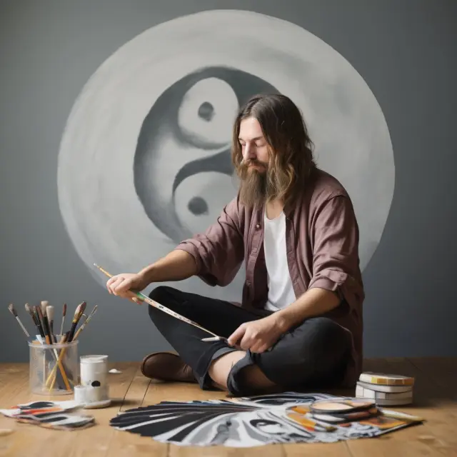 Self-employed artist in the process of balancing self-employment tax halves, represented by Yin-Yang symbol
