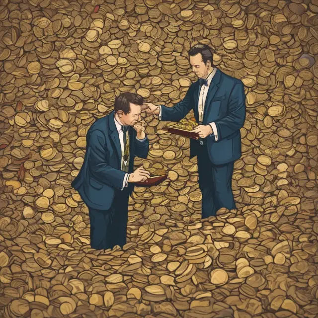 A taxman and accountant carefully sorting through piles of gold coins to determine taxable income