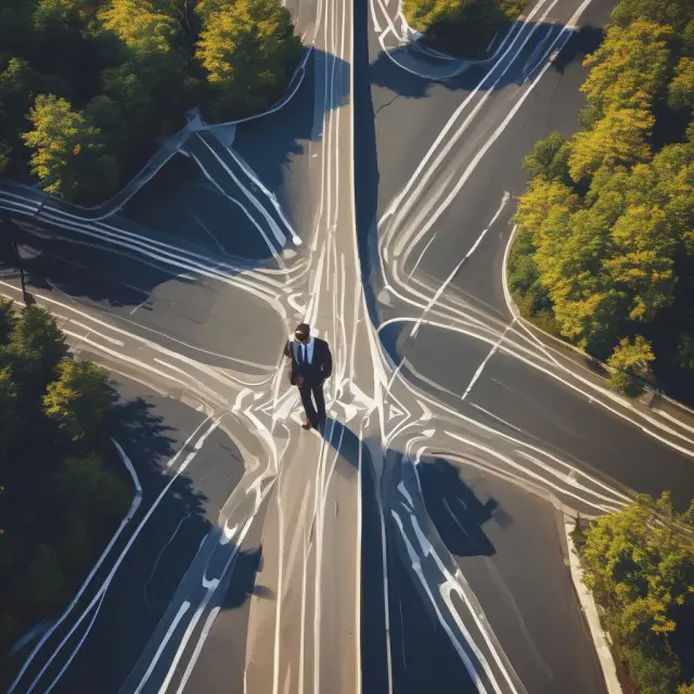 An investor standing confidently at a crossroads, with tax laws and regulations scrolling by on a screen behind them