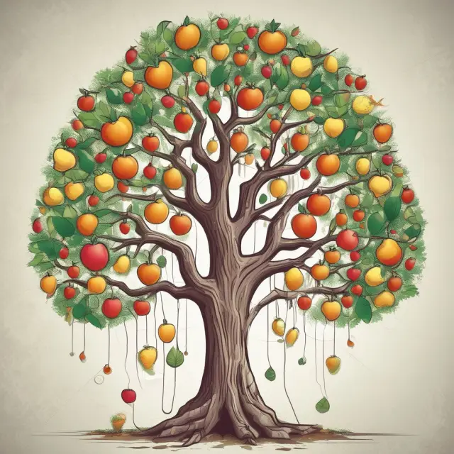 Tree growing with branches of income, corporate, capital gains, property, inheritance, estate, excise, and sales taxes providing fruits for the government