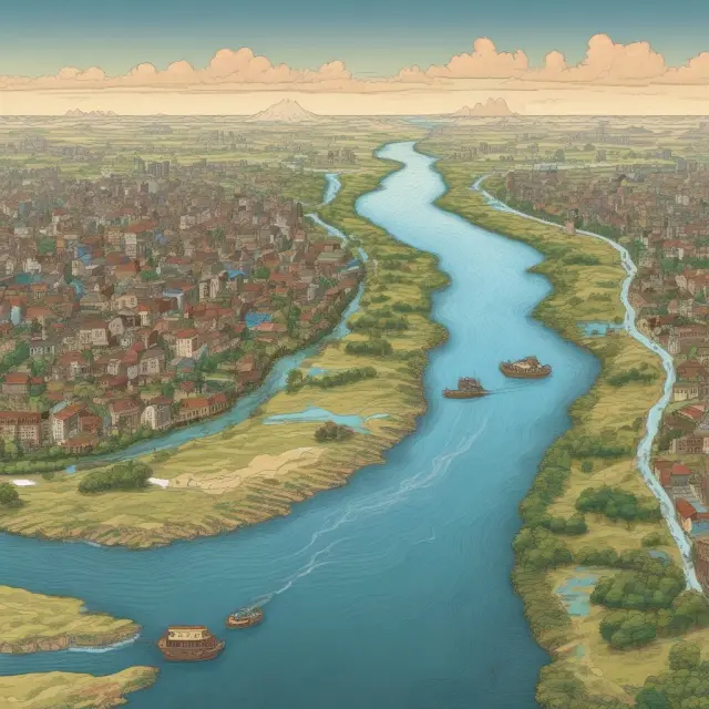 A river system flowing through a timeline of civilizations, each era characterized by unique tax systems.