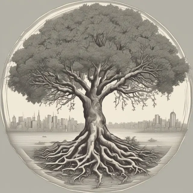 Grand tree symbolizing diverse functions of taxation: funding public goods, utilitarianism, economic growth, and moral obligations.