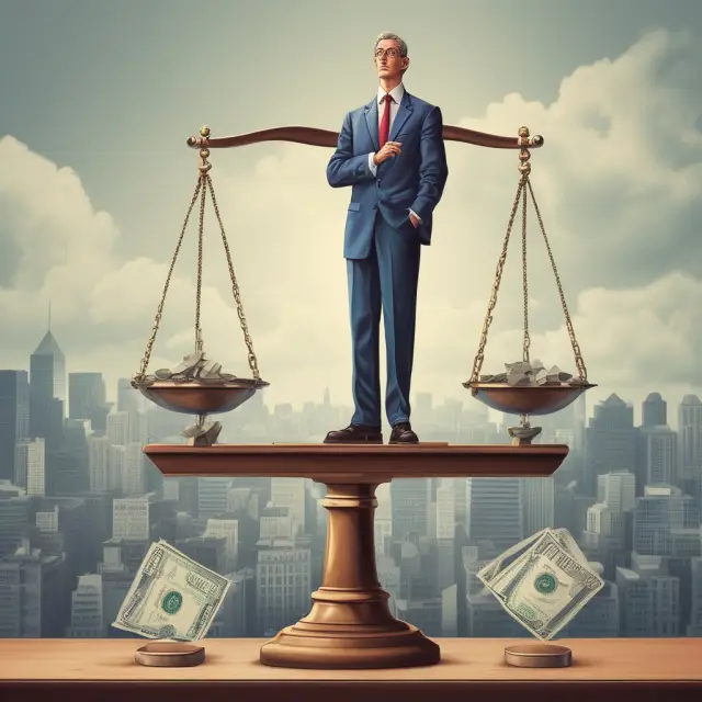 An affluent person assessing their personal income versus capital gains atop a scale, while AMT is shown beneath as additional tax adjustments