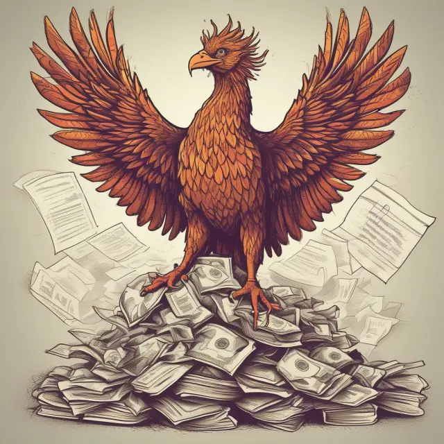 A mythical Phoenix emerging from a pile of tax documents, illustrating growth and knowledge
