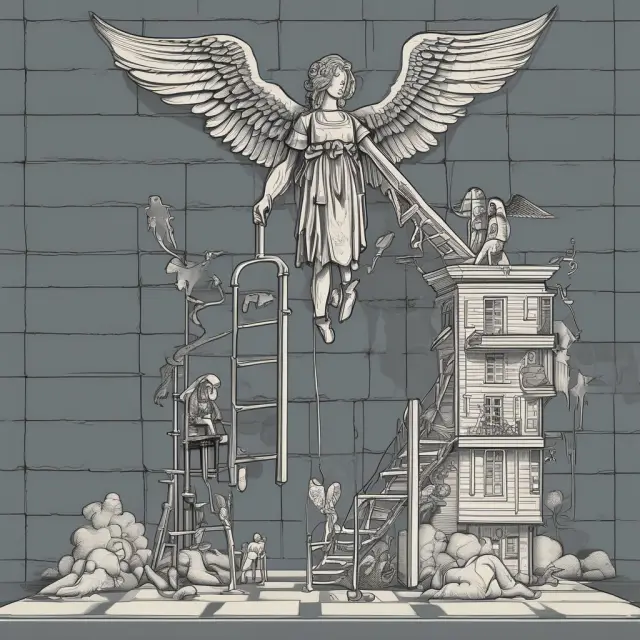 A taxpayer climbs a ladder through various tax brackets in 2023, with an angel guiding their ascent and a demon lurking below, emphasizing the intricacies of federal income taxes.