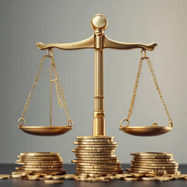 Scales of justice balanced by gold coins representing tax brackets in the progressive tax system