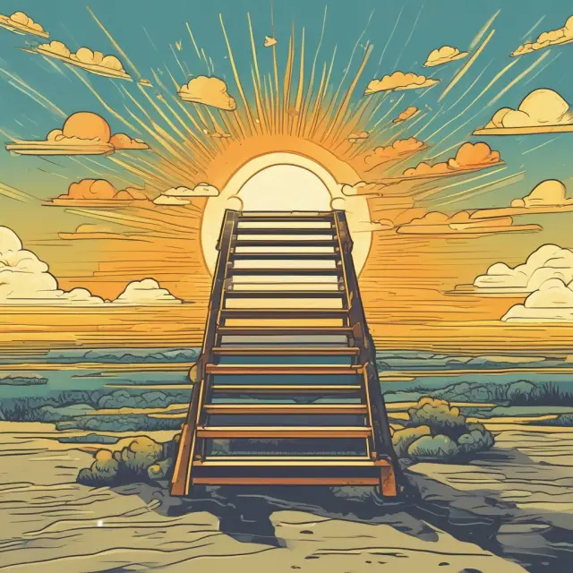 A wooden ladder illustrating different tax brackets, with gold steps signifying growth, leading towards a radiant golden sun