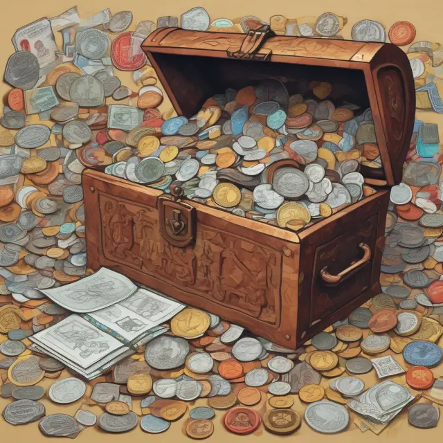 An intricate mosaic of state maps forming a treasure chest, with coins symbolizing tax credits flowing in