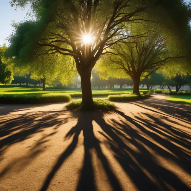 Golden sun casting long shadows on a garden filled with mature trees representing retirement savings and young seedlings symbolizing future investments growing through tax deferral.