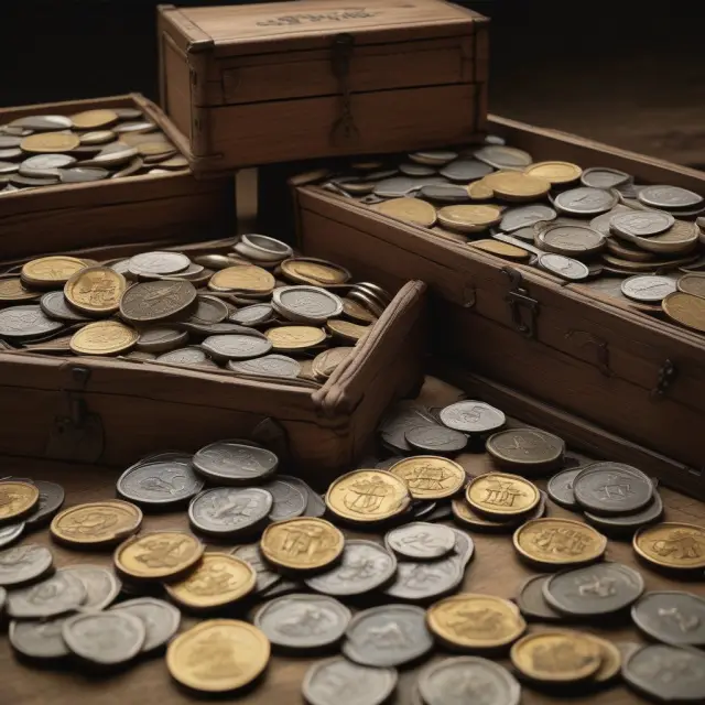An assortment of ancient coins filling up different treasure chests, representing tax-deferred investment strategies: IRAs, 401(k)s, deferred annuities, Health Savings Accounts (HSAs), and 529 Plans