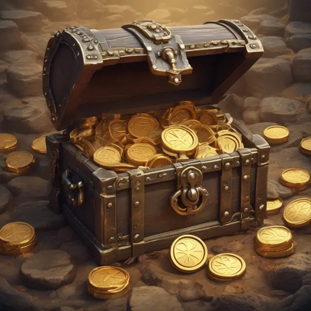 An image of a treasure chest filled with gold coins representing tax savings, surrounded by gears symbolizing time and deferral.
