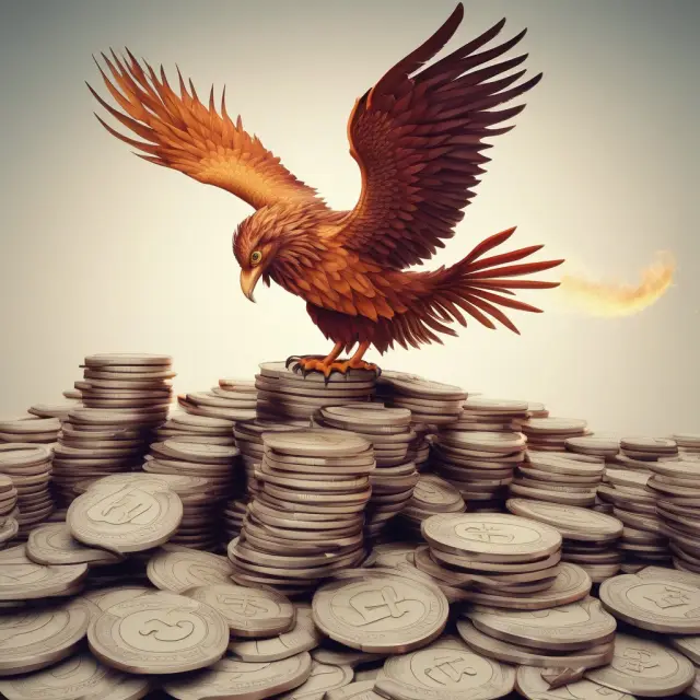 A mythical creature, the Phoenix, rises from ashes formed by tax documents and currency coins, representing the transformative process of managing taxes.