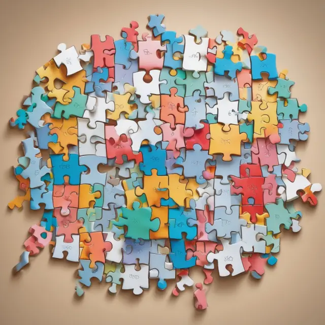 A colorful jigsaw puzzle depicting seven unique pieces labeled 