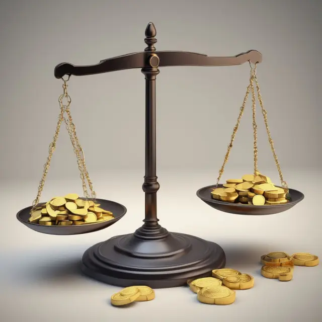 A golden scale holds income on one side, with a top-hat wearing taxman weighing silver coins of adjustments and deductions on the other.