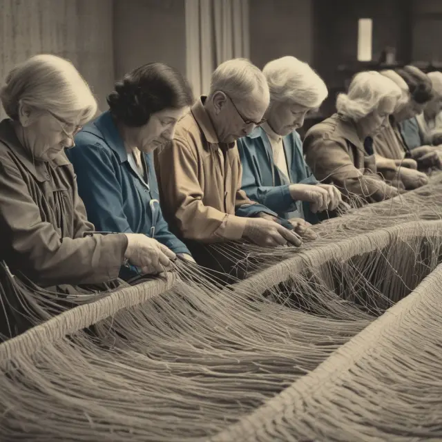 An employee weaves Social Security and Medicare threads into a tapestry representing financial security for retirement, healthcare coverage, and peace of mind.