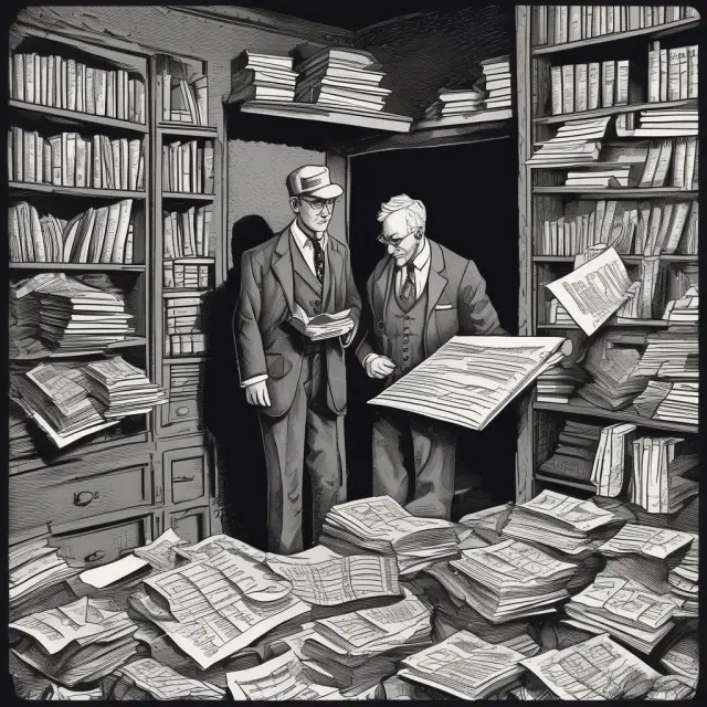 An IRS investigator examining hidden documents revealing shadowy assets in tax evasion scrutiny.