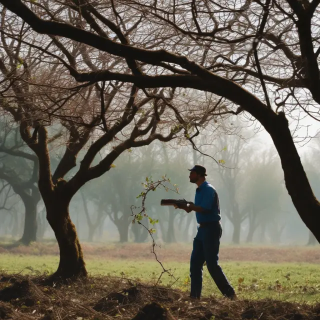 Gardener trimming dying branches, offsetting losses with new growth