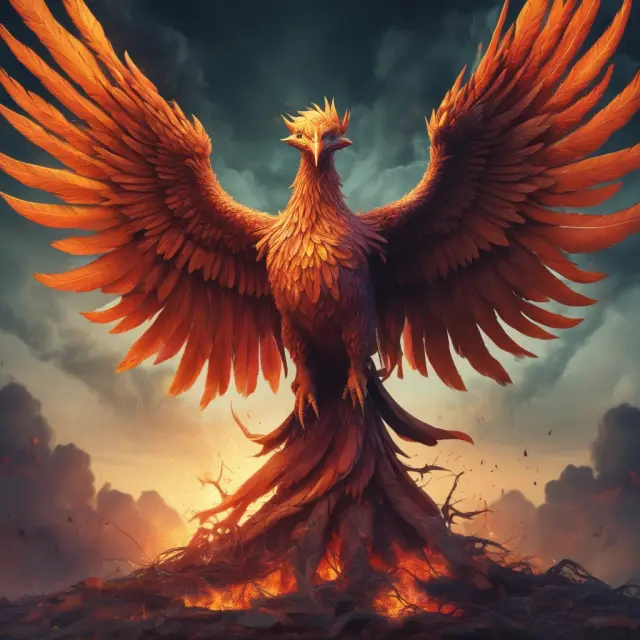 Phoenix rising from financial ashes with a tax certificate and portfolio in hand