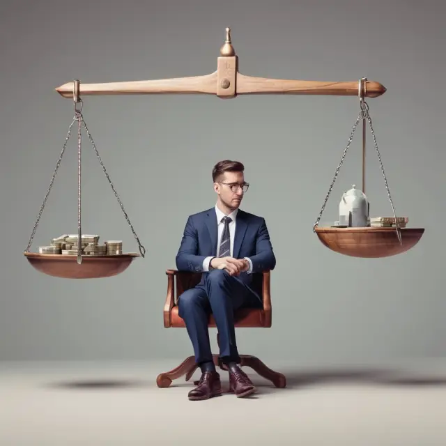 An investor considers their financial situation, with long-term capital gains represented as heavier items on a balance scale, reflecting preferential tax rates.