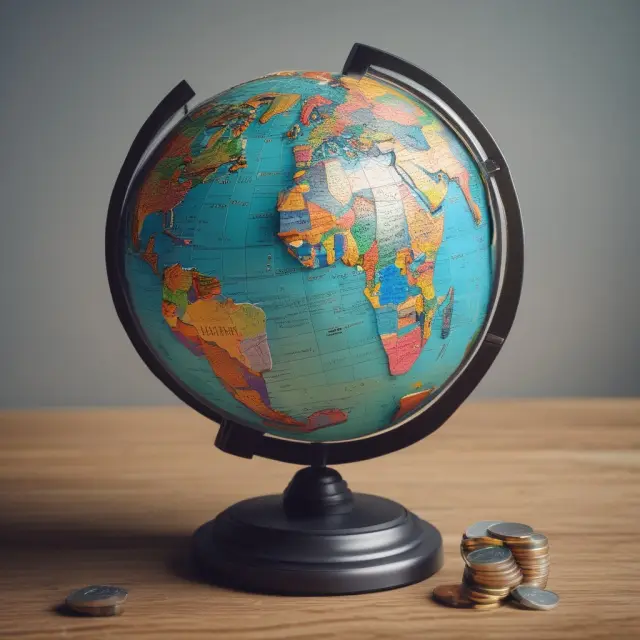 A rotating globe with interchanging coins between nations representing international tax considerations and concepts like the Foreign Earned Income Exclusion and tax treaties.