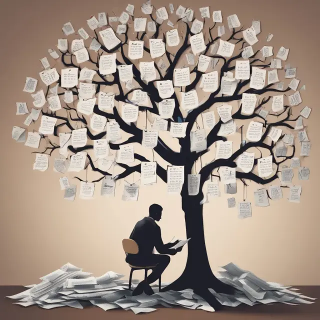 Person organizing documents for tax preparation under the looming shadow of a clock-laden calendar tree