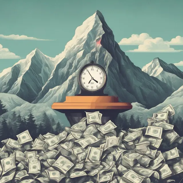 A tax collector holding a scale with a mountain of unpaid taxes tipping the balance, illustrating the creation of a tax lien