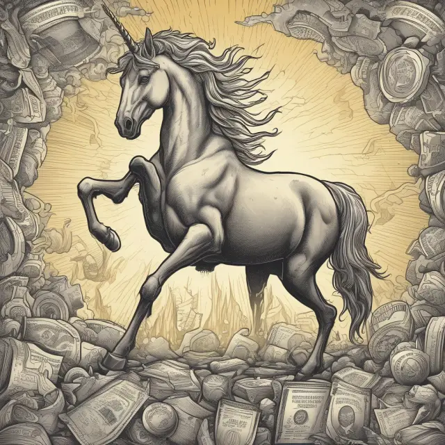 A gold-hoarding unicorn, representing the IRS, imposing a tax lien on intricate financial assets