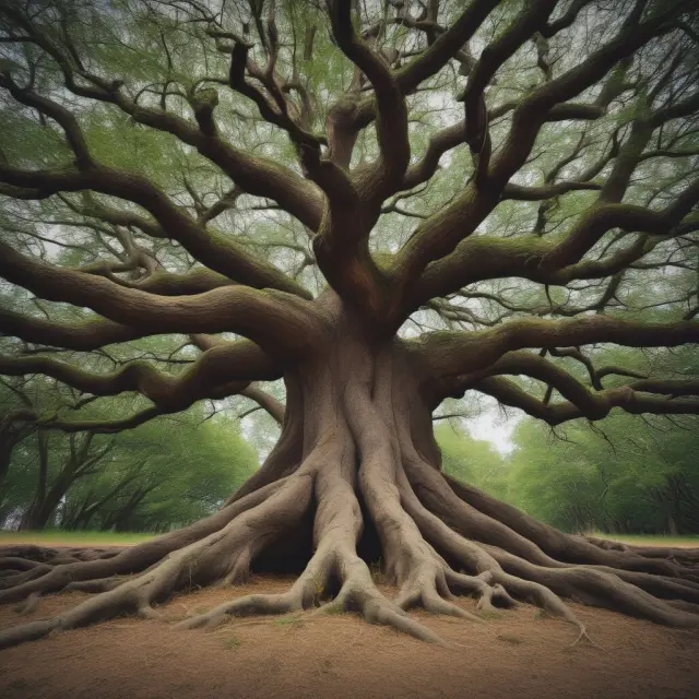 An ancient tree with intertwined branches representing tax debts and the process of bankruptcy.